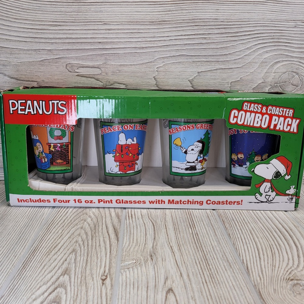 Peanuts Christmas Pint Glass Tumbler Drinkware Coaster Set 16 Oz Holiday‎ Decor